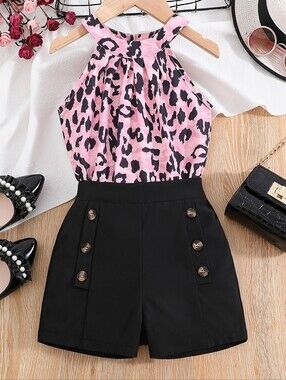 Girls Size 10 Pink Leopard Halter Top with Black High-Waist Shorts